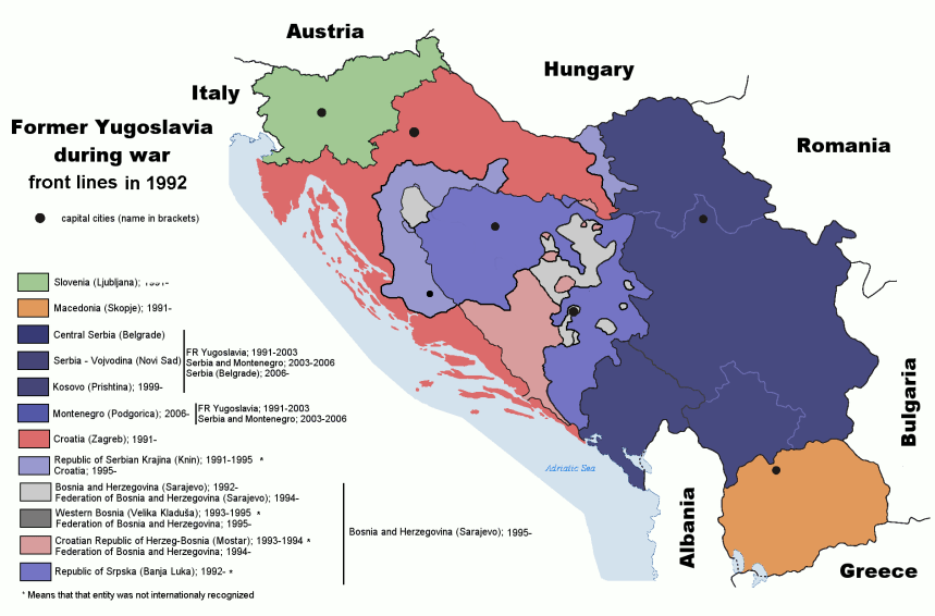 Mapa mostrando a fragmentação territorial na ex-Iugoslávia, especialmente na Bósnia