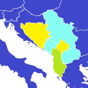 Em azul escuro, países que fazem parte da UE. Em azul claro, candidatos. Em verde, pretendentes. Em amarelo, possíveis candidatos. 