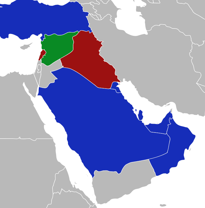 Em verde, a Síria. Em azul, países que reconhecem apenas a Coalizão. Em vermelho, países que lutaram ao lado das forças sírias contra mujahidin. 