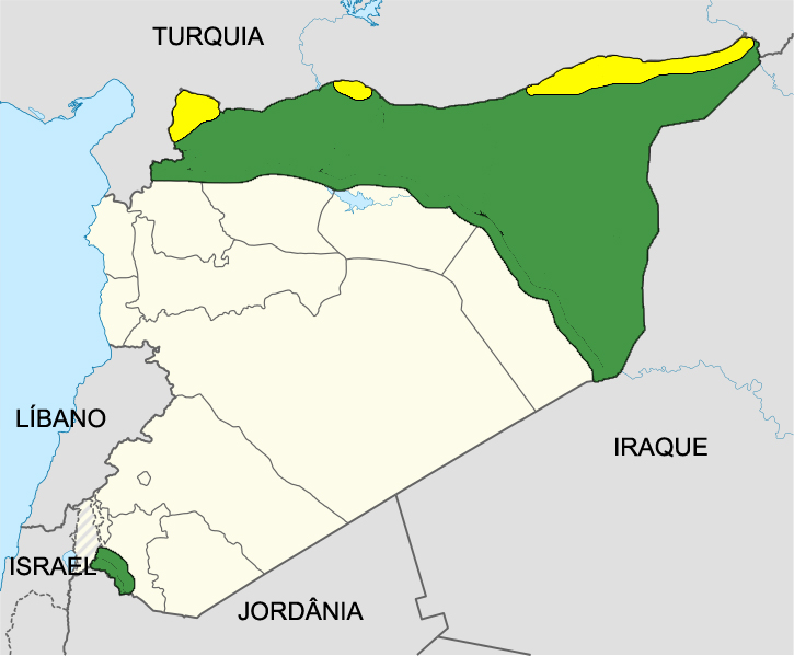 Em verde, áreas controladas pela oposição síria (Coalizão/Mujahidins), em amarelo, áreas controladas pelos curdos. 