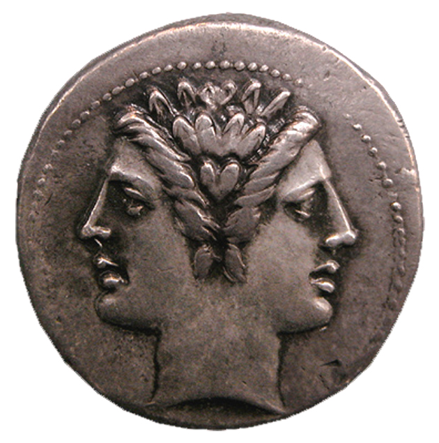 Dracma de prata romano datado de 225-12 a.C.  Fonte: Projeto VRoma