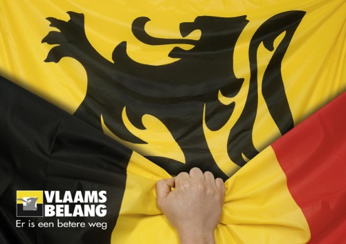 Propaganda do Interesse Flamengo, que remove a bandeira belga em prol da bandeira de Flandres