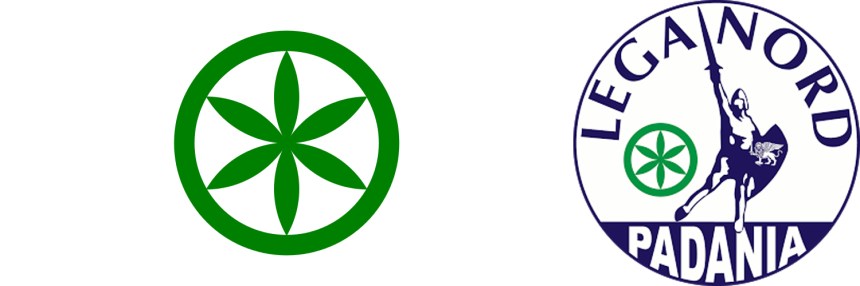 A bandeira proposta da Padania, "o Sol dos Alpes", e o símbolo da Lega Nord