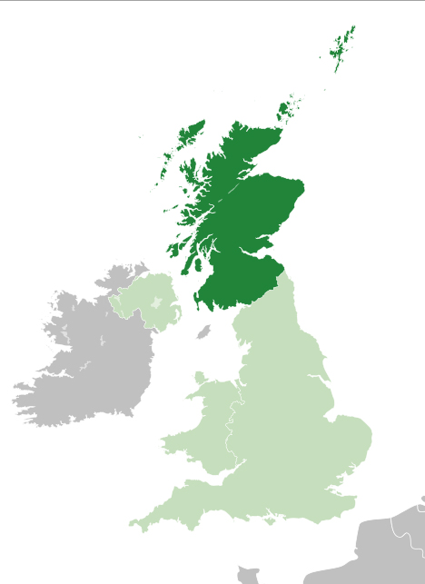 O Reino Unido, com a área correspondente a Escócia destacada. 
