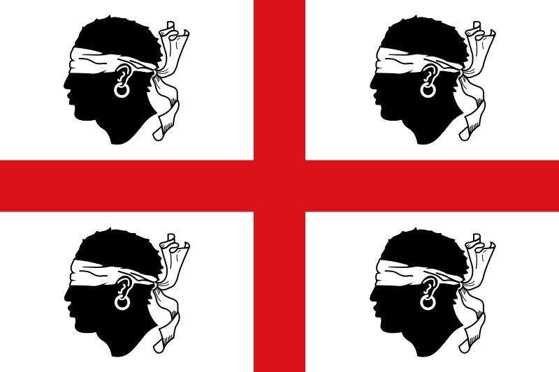 Tradicional bandeira sardenha, que consiste da cruz de São Jorge com quatro mouros vendados, representando os conflitos contra os árabes, virados para a esquerda. A bandeira atual possui os mouros virados para a direita. 