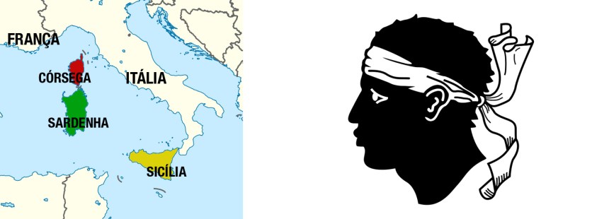 A localização da Córsega, entre a França, a Itália e a Sardenha. Ao lado, a bandeira da ilha. 