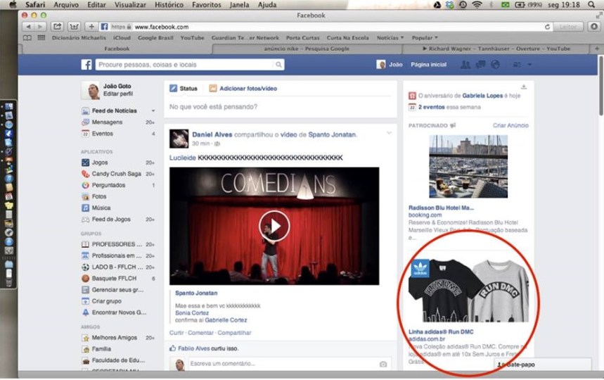 Imagem da minha timeline. Quem compraria uma camiseta de um grupo de rap da década de 1980 a não ser uma pessoa que posta constantemente músicas desse grupo no Facebook?