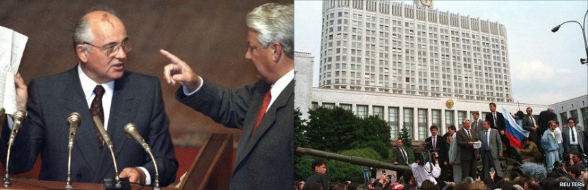 Esquerda: Boris Yeltsin confronta Gorbachev publicamente. Direita: Yeltsin discursa em cima de um tanque, em frente ao Parlamento, em resistência ao Golpe de Agosto de 1991