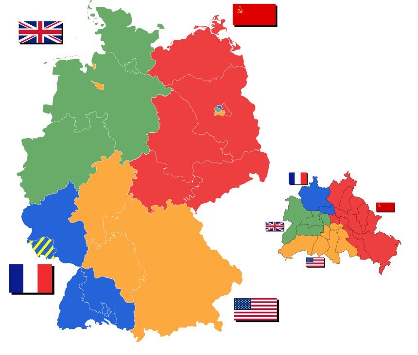 Na esquerda, as zonas de ocupação da Alemanha. Na direita, a reprodução dessa ocupação dentro de Berlim. 