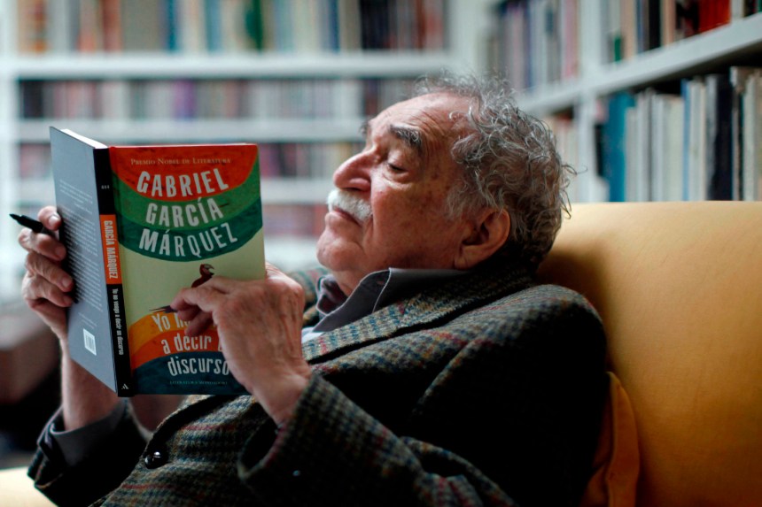 Writter Gabriel Garcia Marquez reads his latest book, titled "I Didn't Come Here to Make a Speech", at his home in Mexico City, Monday, Nov. 1, 2010.
