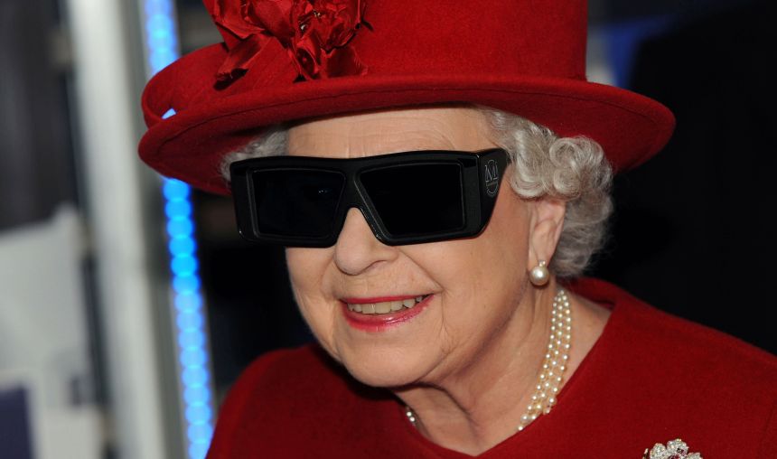 SHEFFIELD, UNITED KINGDOM - NOVEMBER 18: Britain's Queen Elizabeth II wearing 3D glasses to watch a display and pilot a JCB digger during a visit to the University of Sheffield Advanced Manufacturing Research centre on November 18, 2010 in Sheffield, England. IMAGE SUPPLIED BY MICHAEL DUNLEA / BARCROFT MEDIA LTD UK Office, London. T +44 845 370 2233 W www.barcroftmedia.com USA Office, New York City. T +1 212 564 8159 W www.barcroftusa.com Indian Office, Delhi. T +91 114 653 2118 W www.barcroftindia.com Australasian & Pacific Rim Office, Melbourne. E info@barcroftpacific.com T +613 9510 3188 or +613 9510 0688 W www.barcroftpacific.com Barcroft / Reporters